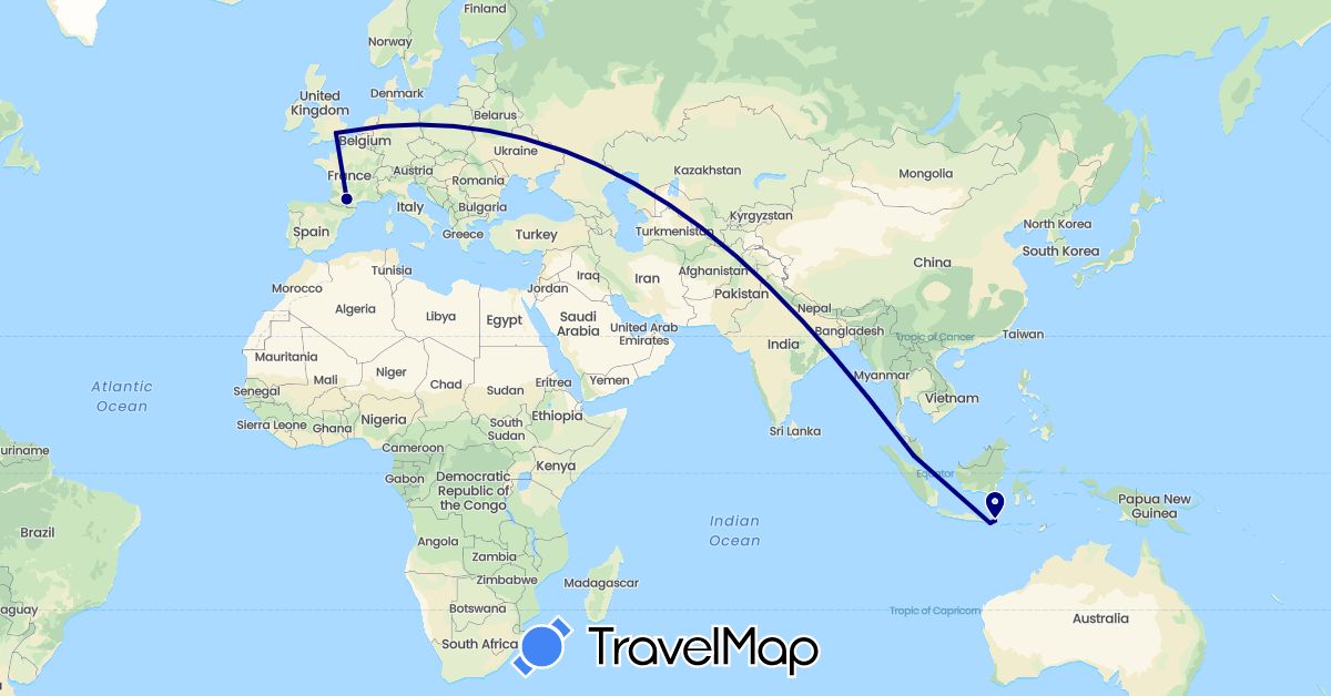 TravelMap itinerary: driving in France, United Kingdom, Indonesia, Malaysia (Asia, Europe)